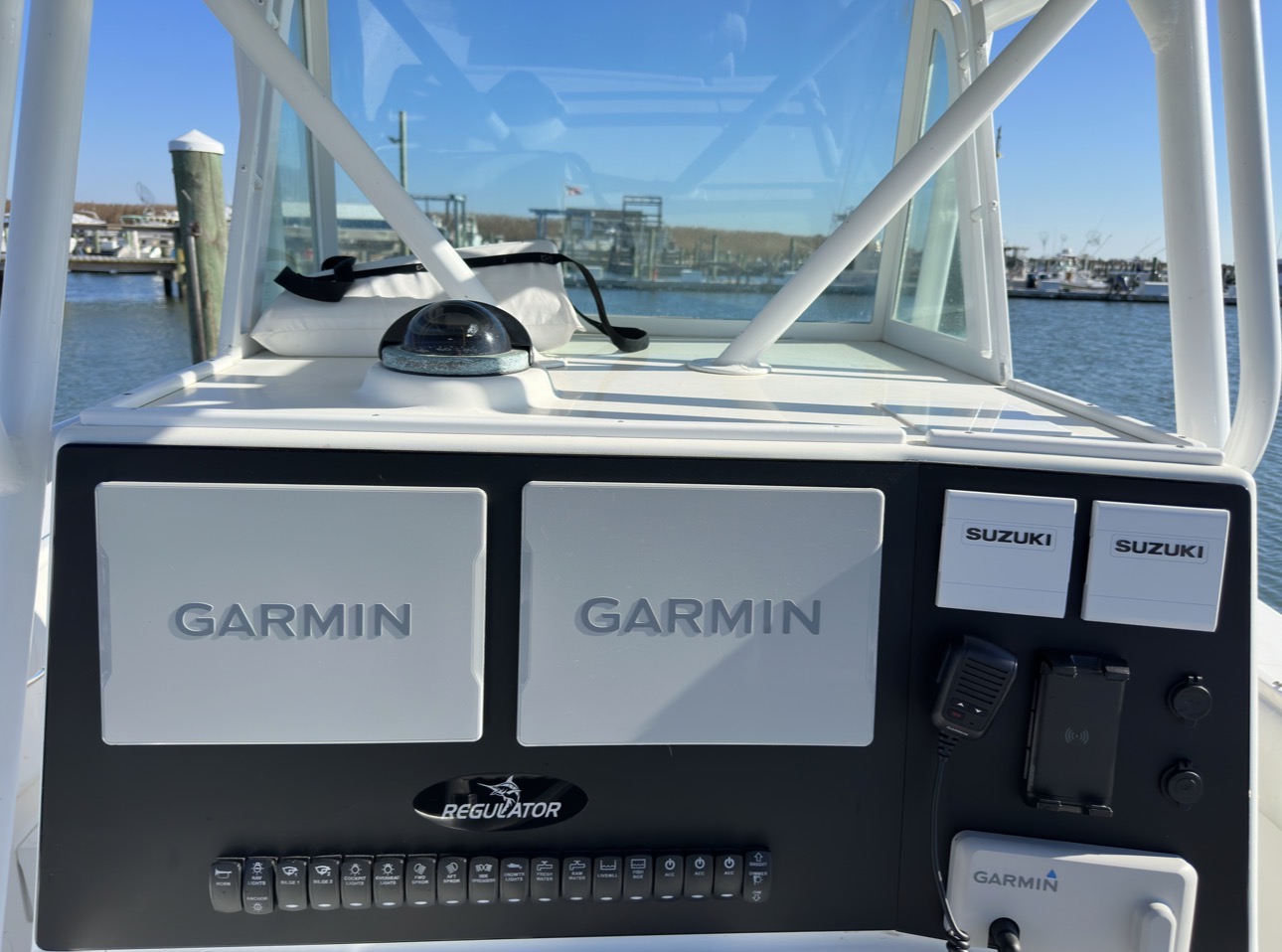 Custom marine console with dual Garmin displays and integrated controls